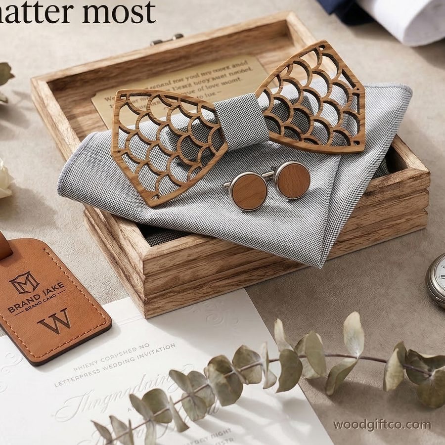 Solid wood bow tie with fabric centre band