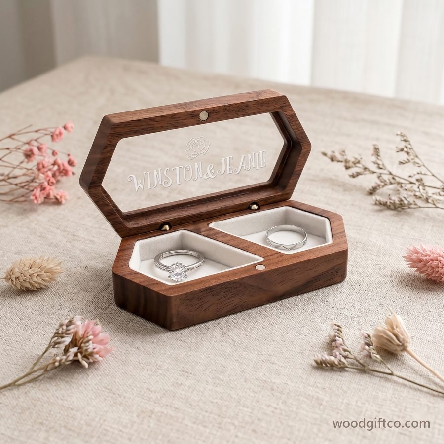 Walnut ring box with engraved glass lid