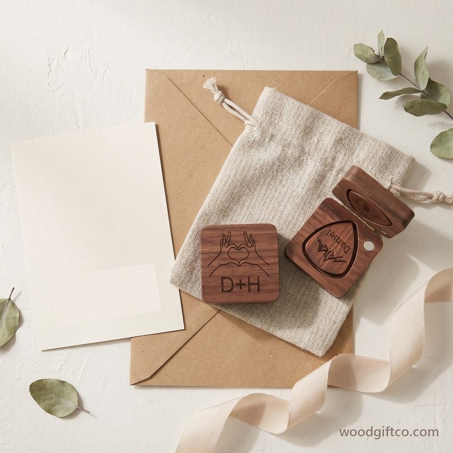 Walnut guitar pick box with engraved picks