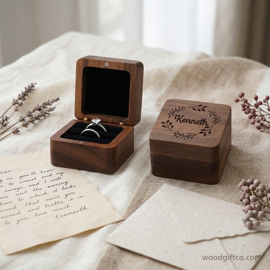 Wooden cufflinks and tie clip in a walnut box