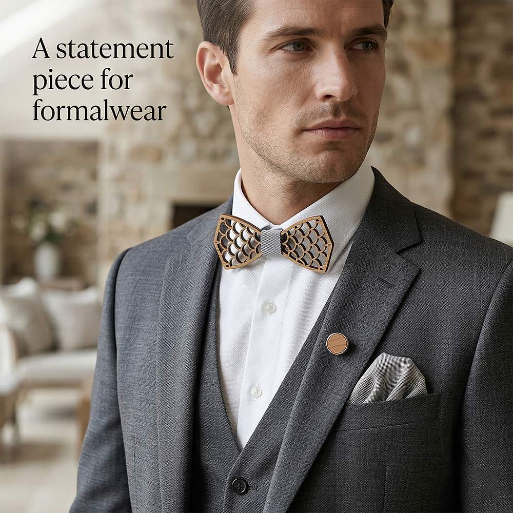 M403  Mermaid Scale Cutout Bow Tie Set, Walnut