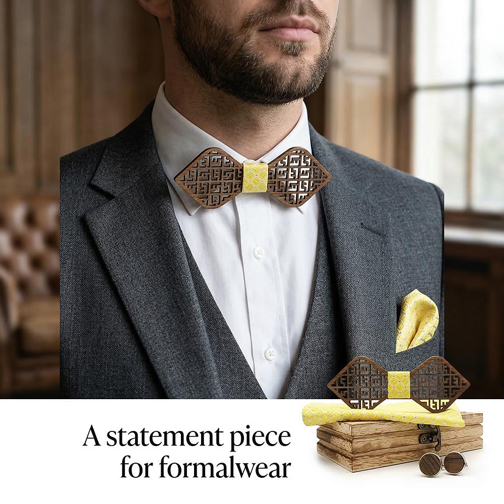 M405  Greek Key Cutout Bow Tie Set, Walnut