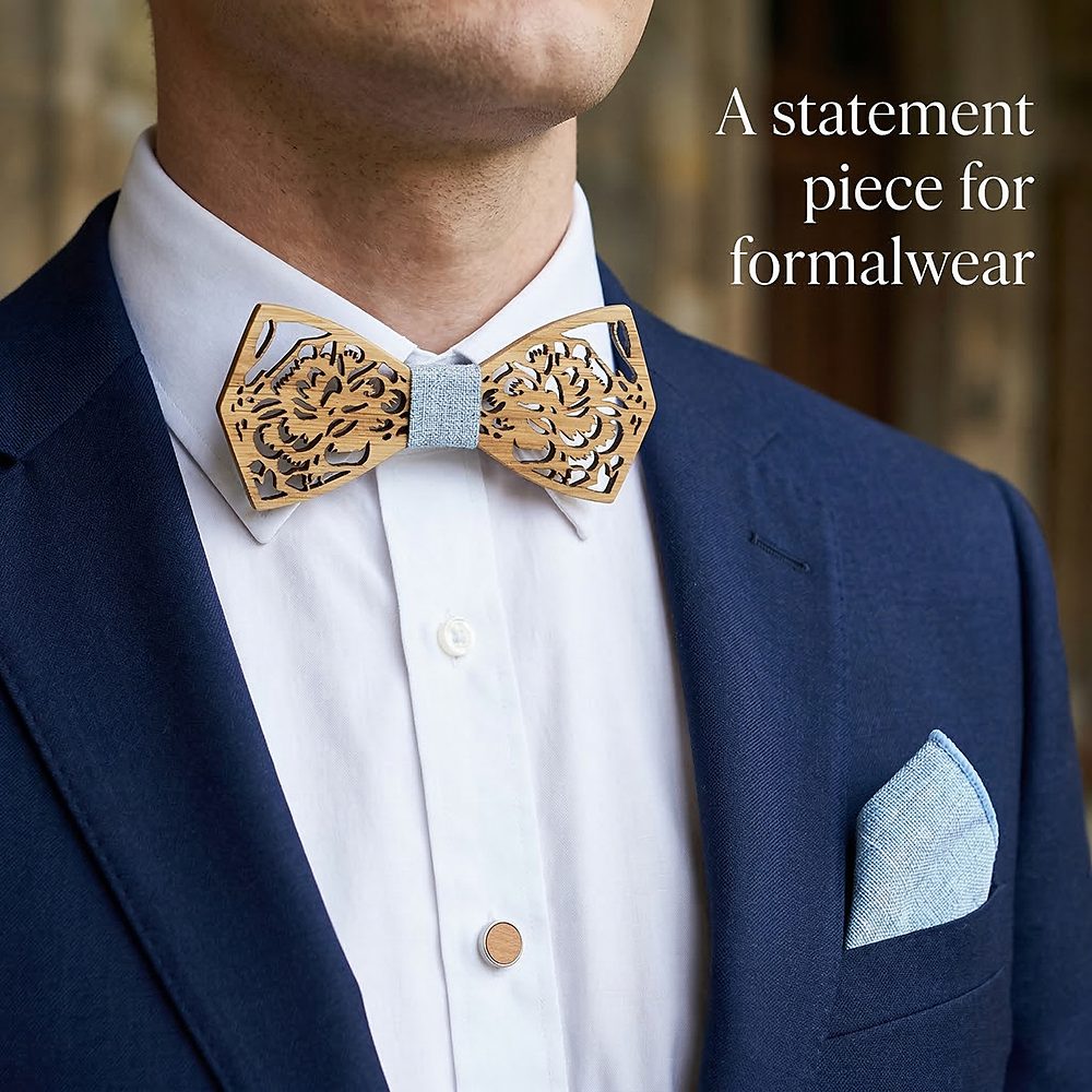 M406  Engraved Peony Floral Bow Tie Set, Maple