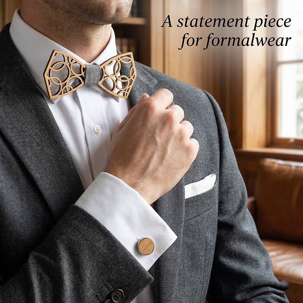M407  Geometric Circle Cutout Bow Tie Set, Walnut