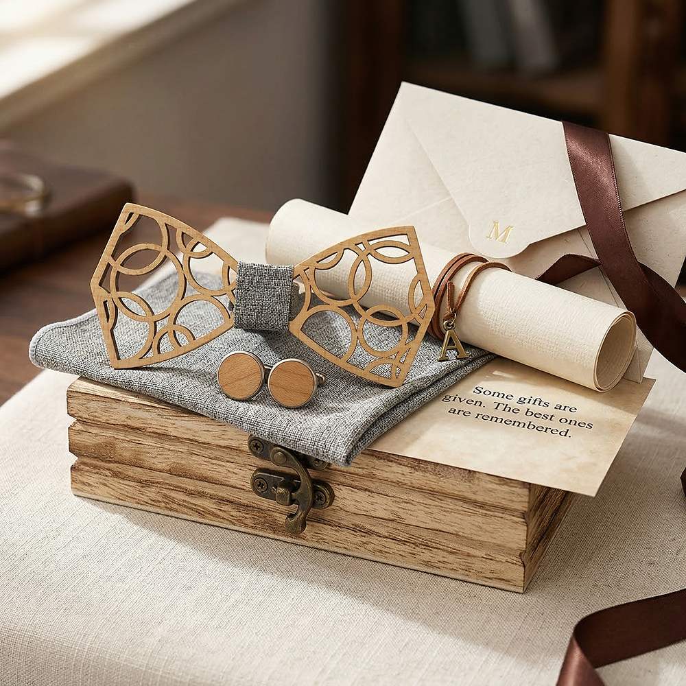 M407 M407  Geometric Circle Cutout Bow Tie Set, Walnut — view 6