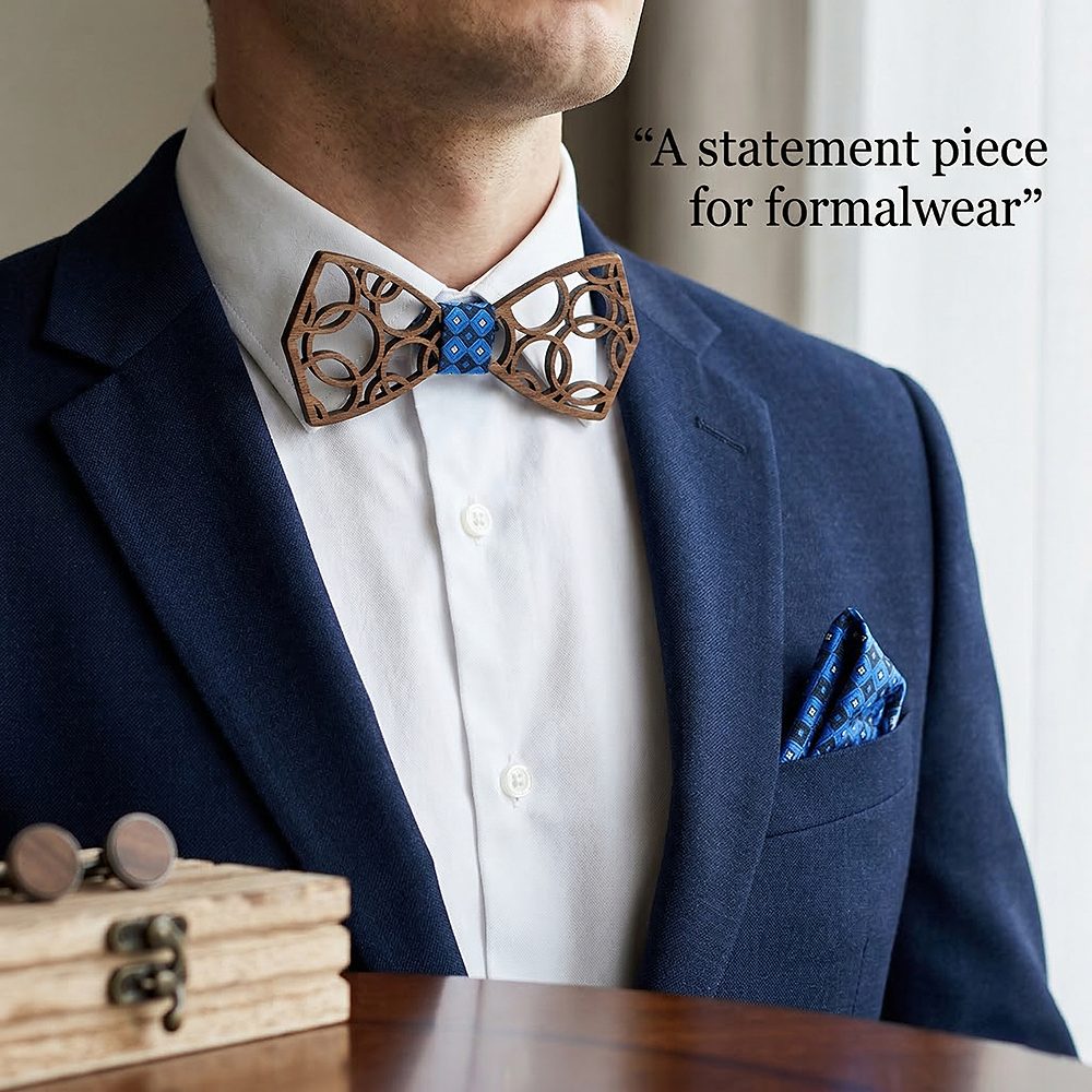 M412  Interlocking Circle Cutout Bow Tie Set, Walnut