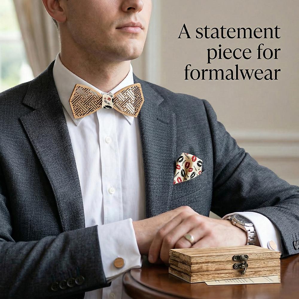 M414  Maze Pattern Cutout Bow Tie Set, Walnut