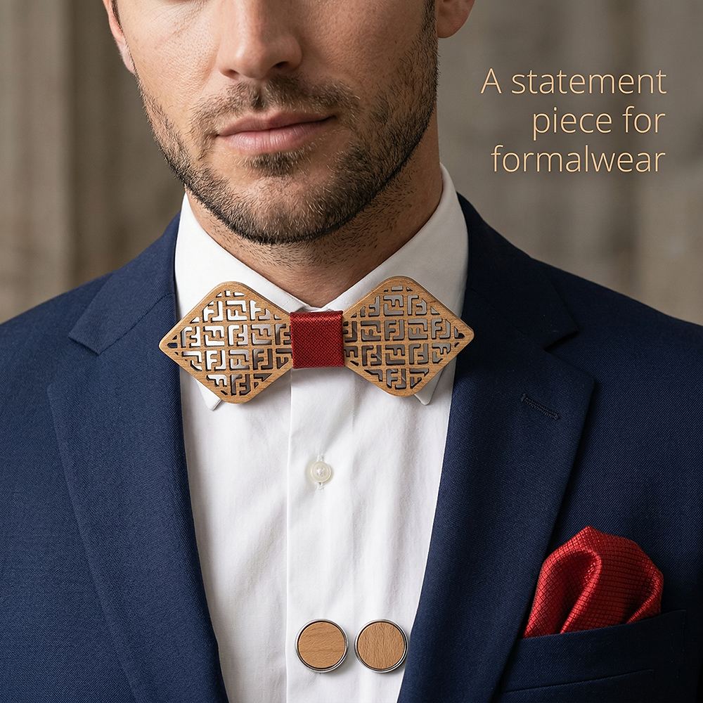 M416  Greek Key Cutout Bow Tie Set, Maple