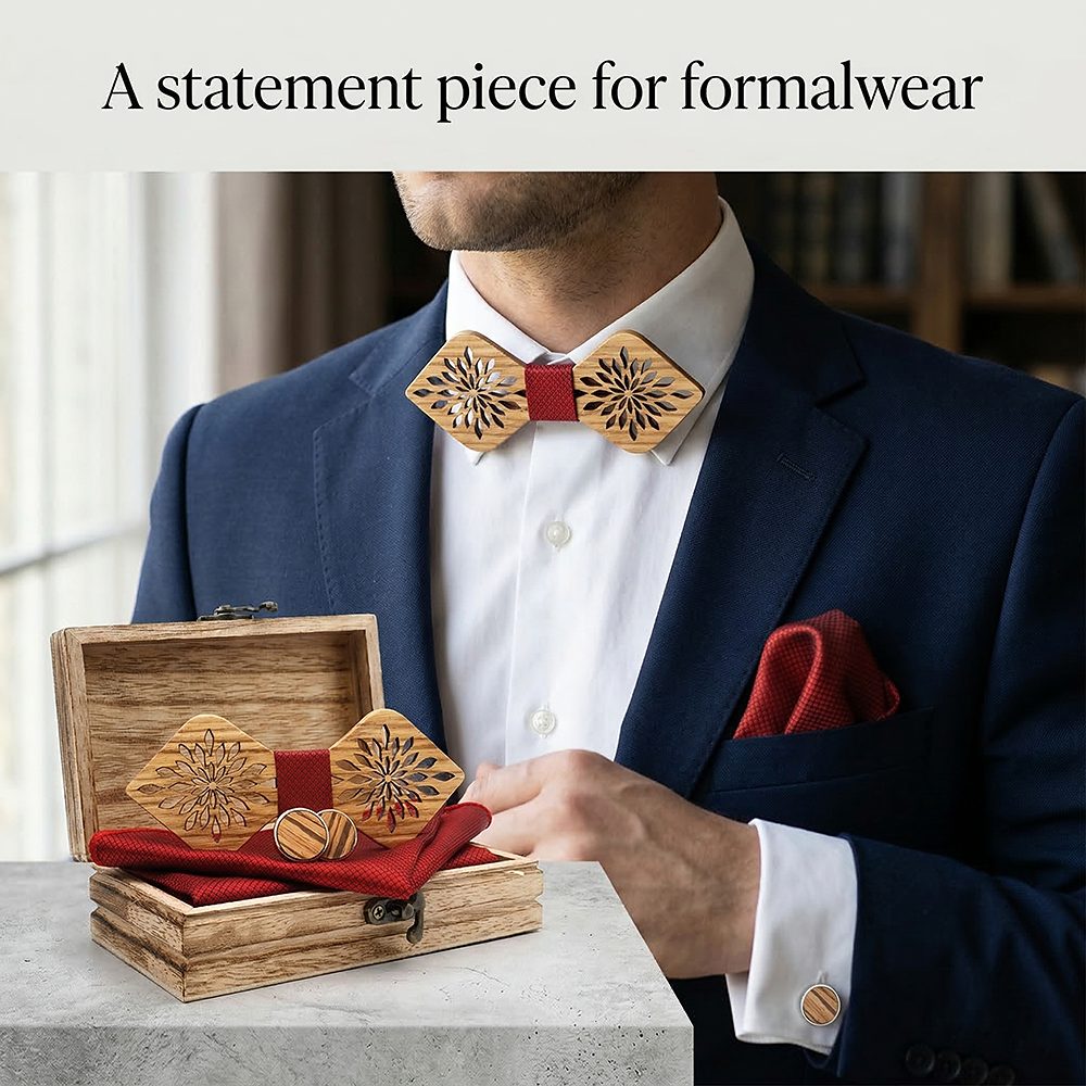 M417  Snowflake Floral Bow Tie Set, Zebrawood