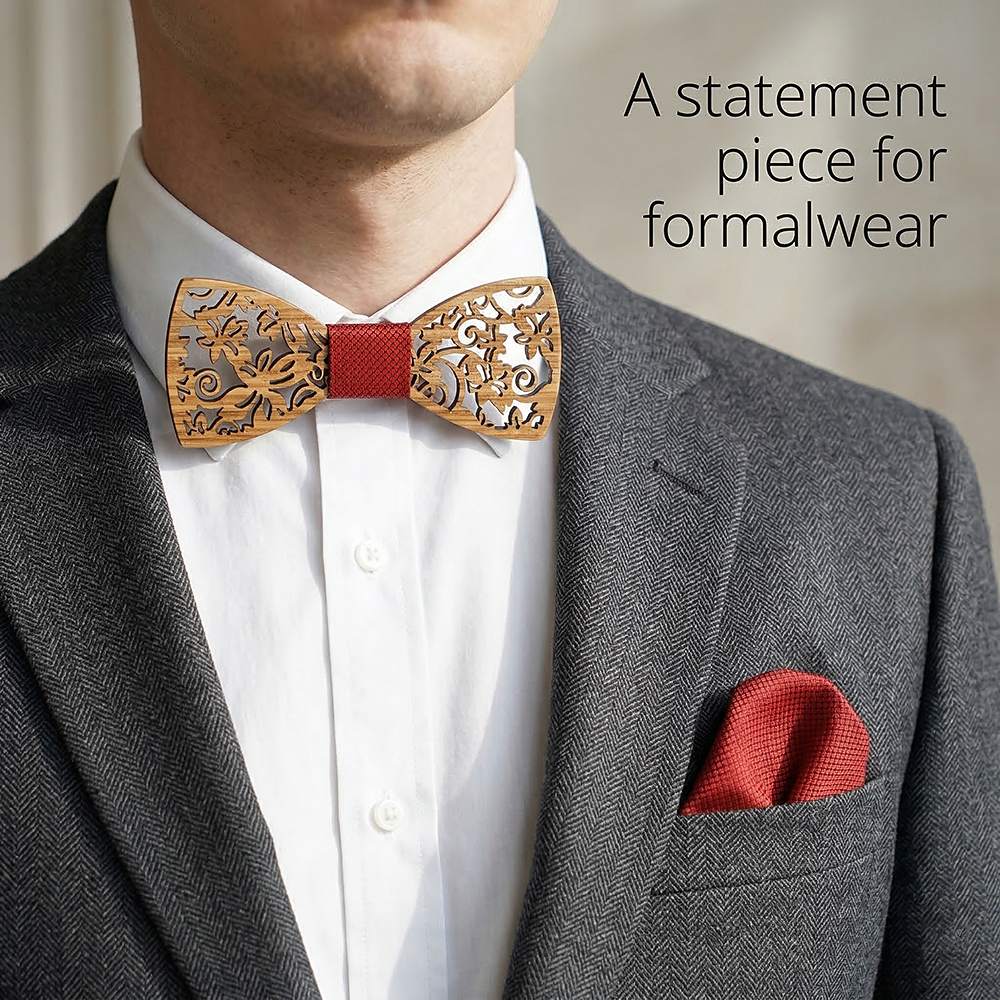 M419  Floral Scroll Cutout Bow Tie Set, Walnut