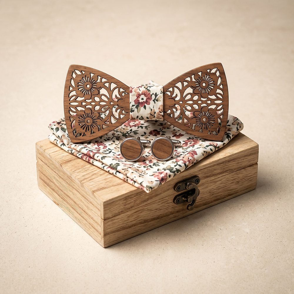 M419 M419  Floral Scroll Cutout Bow Tie Set, Walnut — colour C1
