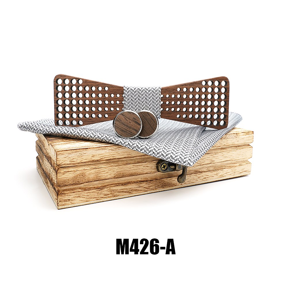 M426  Square Grid Cutout Bow Tie Set, Walnut