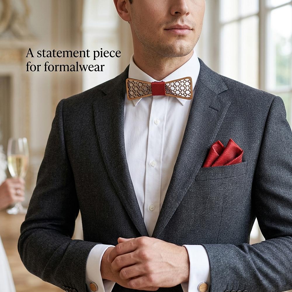 M428  Octagon Cross Cutout Bow Tie Set, Walnut