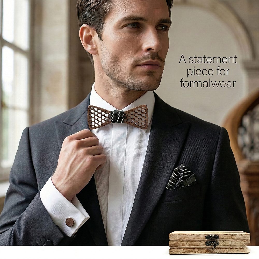 M429  Honeycomb Hexagon Cutout Bow Tie Set, Walnut