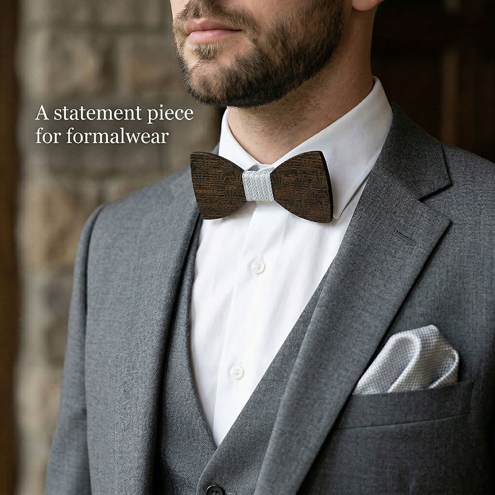 M437  Art Deco Fan Cutout Bow Tie Set, Walnut