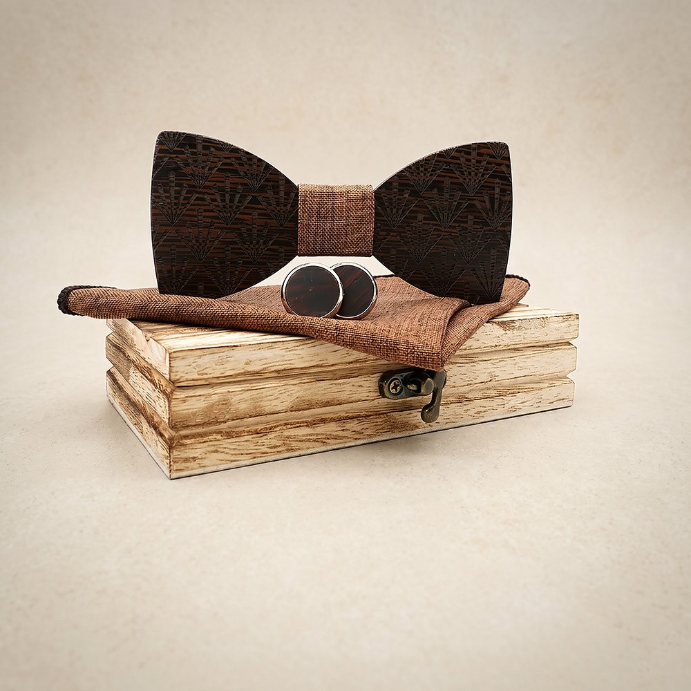 M437 M437  Art Deco Fan Cutout Bow Tie Set, Walnut — colour C3
