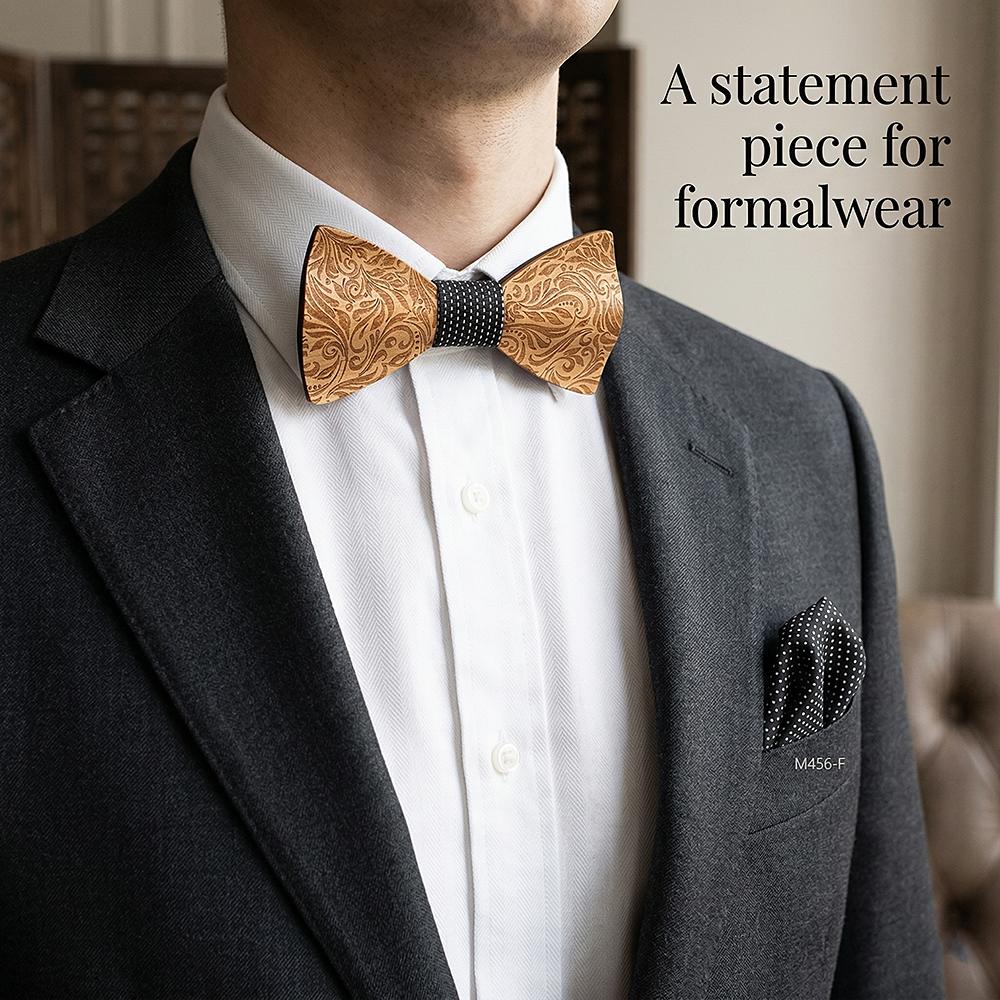 M456  Engraved Floral Carving Bow Tie Set, Walnut