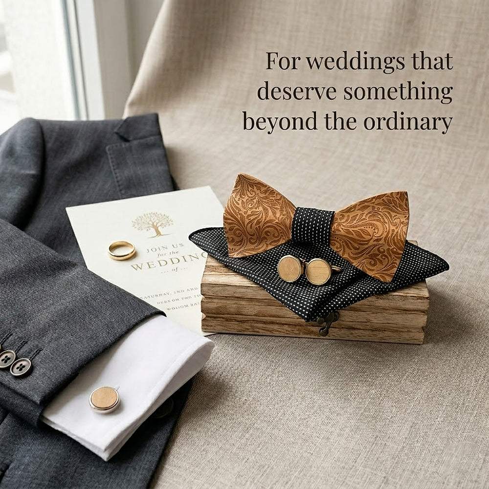 M456 M456  Engraved Floral Carving Bow Tie Set, Walnut — view 10