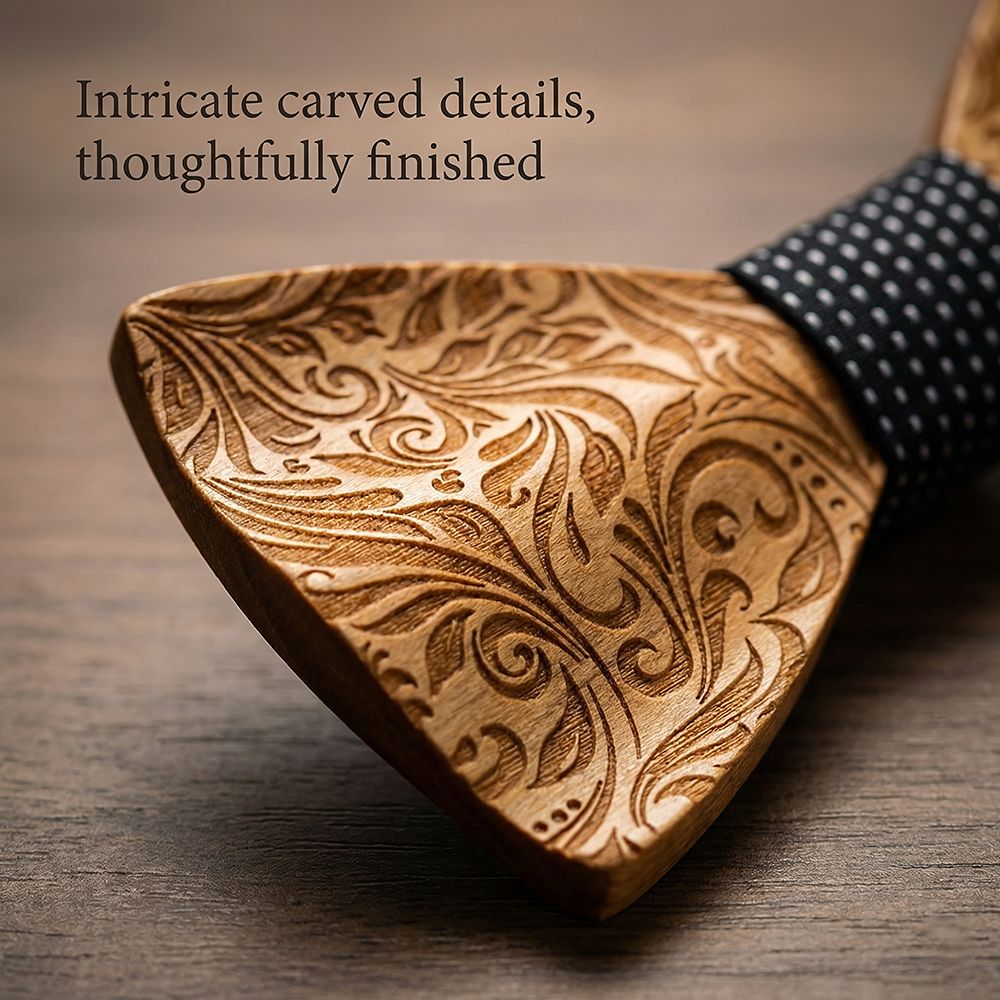 M456 M456  Engraved Floral Carving Bow Tie Set, Walnut — view 2