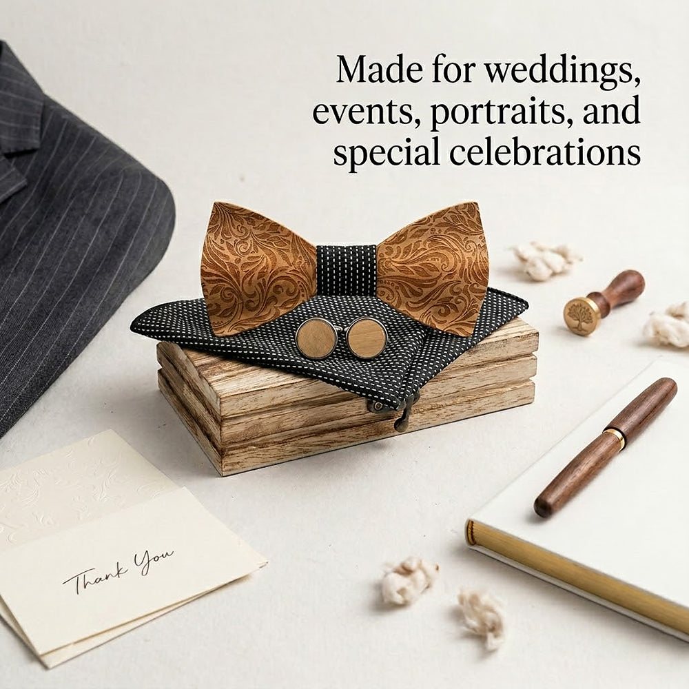 M456 M456  Engraved Floral Carving Bow Tie Set, Walnut — view 3