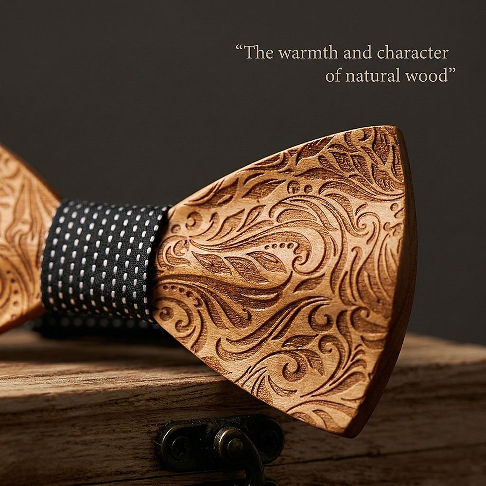 M456 M456  Engraved Floral Carving Bow Tie Set, Walnut — view 4