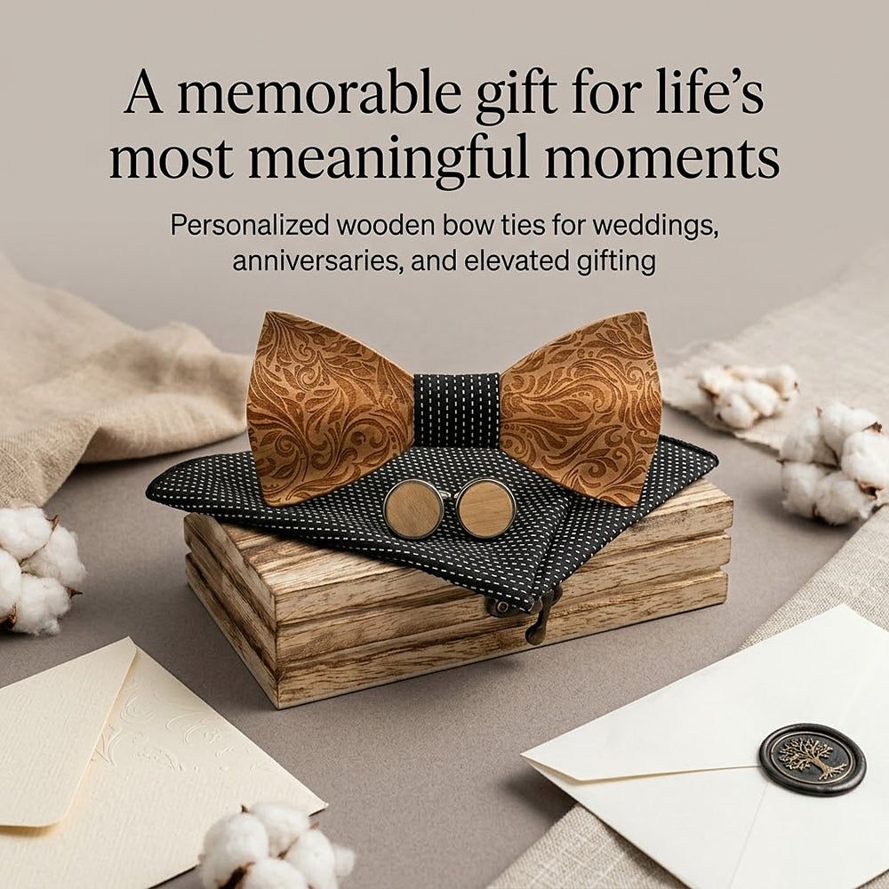 M456 M456  Engraved Floral Carving Bow Tie Set, Walnut — view 5