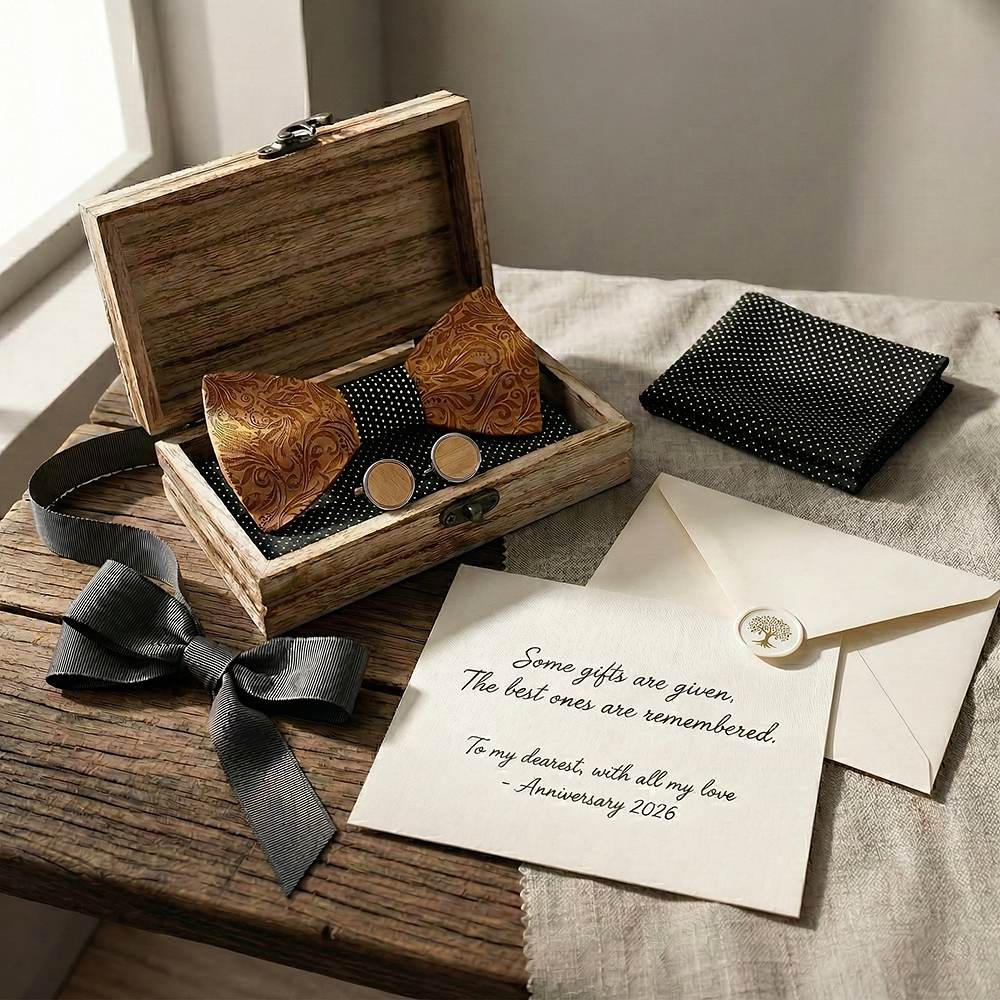 M456 M456  Engraved Floral Carving Bow Tie Set, Walnut — view 6