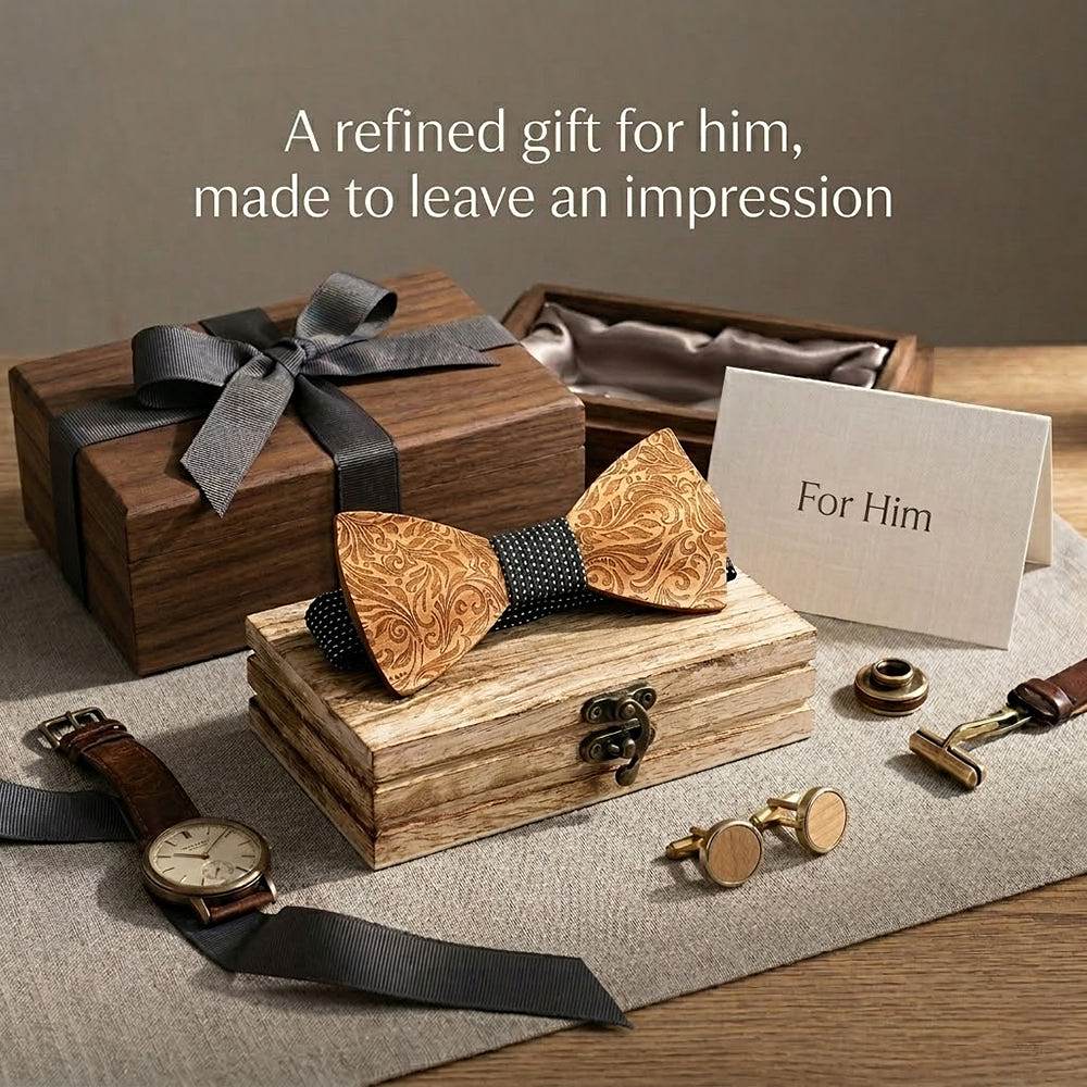 M456 M456  Engraved Floral Carving Bow Tie Set, Walnut — view 9