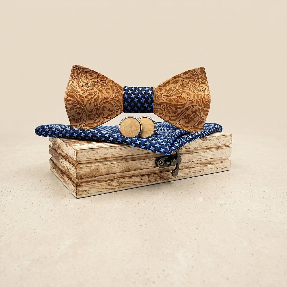 M456 M456  Engraved Floral Carving Bow Tie Set, Walnut — colour C4