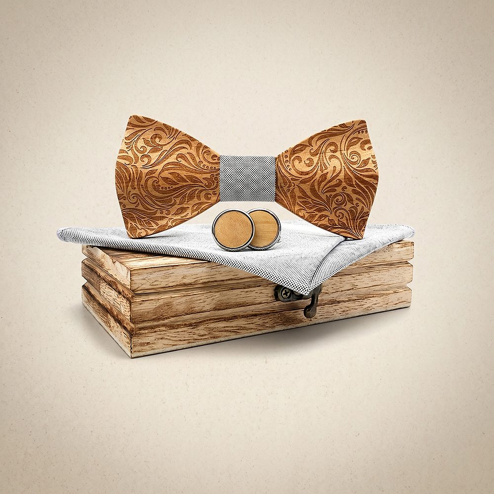 M456 M456  Engraved Floral Carving Bow Tie Set, Walnut — colour C5