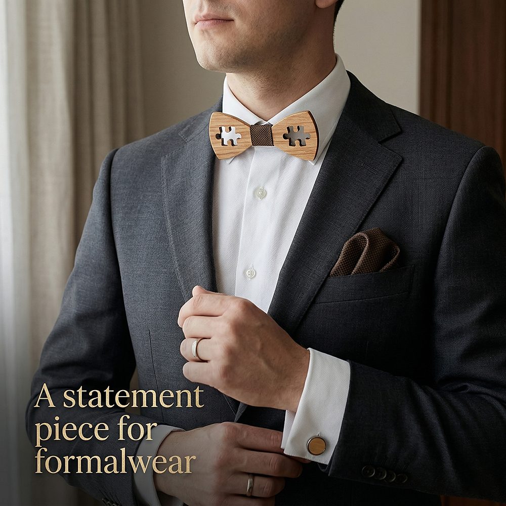 M457  Puzzle Piece Cutout Bow Tie Set, Walnut