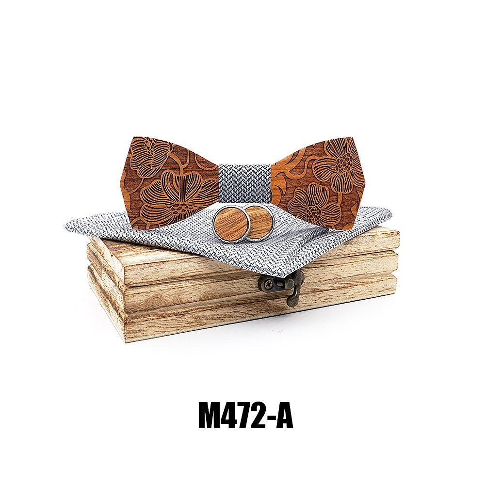 M472  Engraved Paisley Bow Tie Set, Walnut