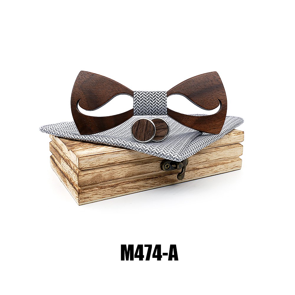 M474  Notched Solid Bow Tie Set, Walnut