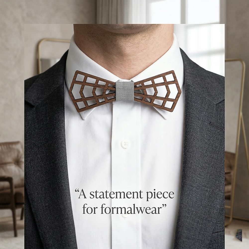 M487  3D Lattice Cutout Bow Tie Set, Walnut