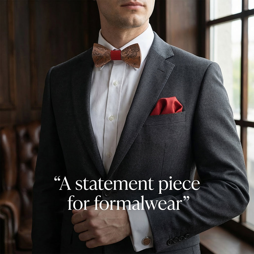 M489  Engraved Paisley Bow Tie Set, Walnut