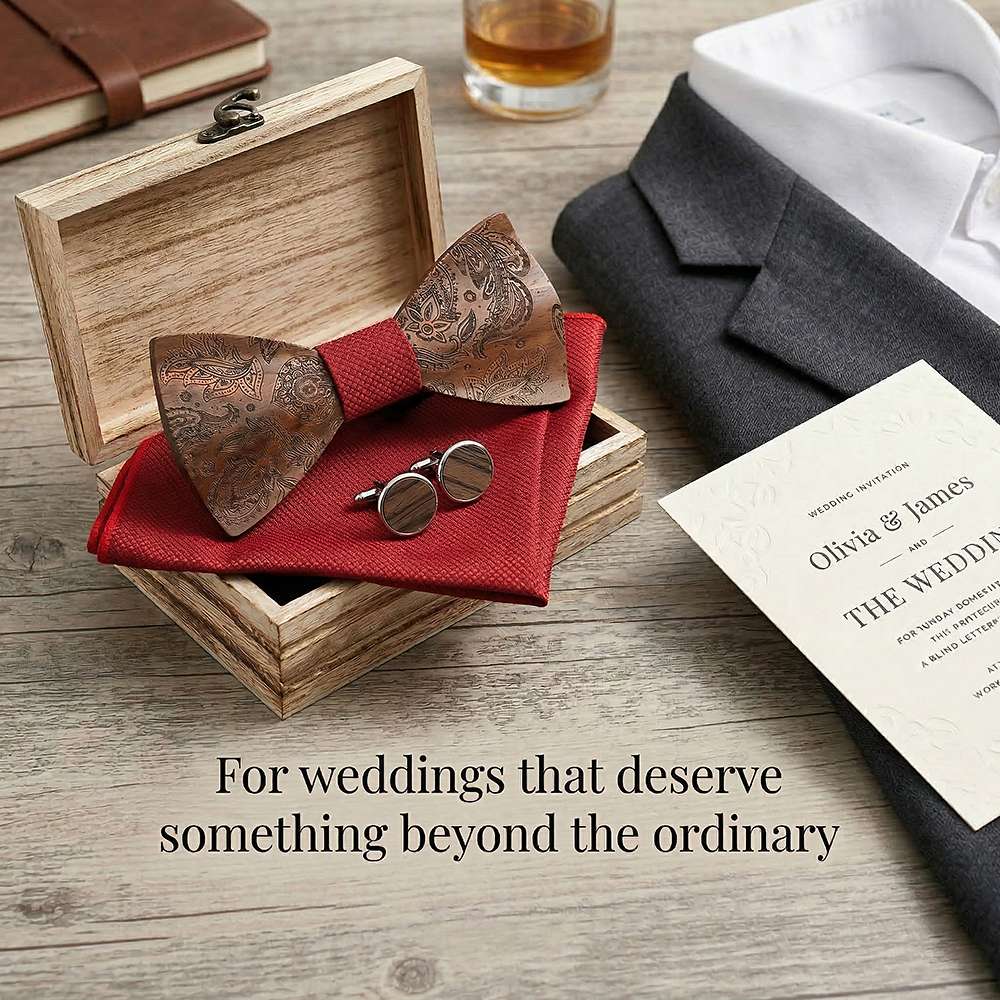 M489 M489  Engraved Paisley Bow Tie Set, Walnut — view 10