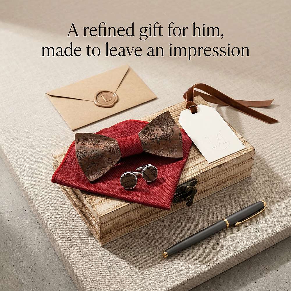 M489 M489  Engraved Paisley Bow Tie Set, Walnut — view 8
