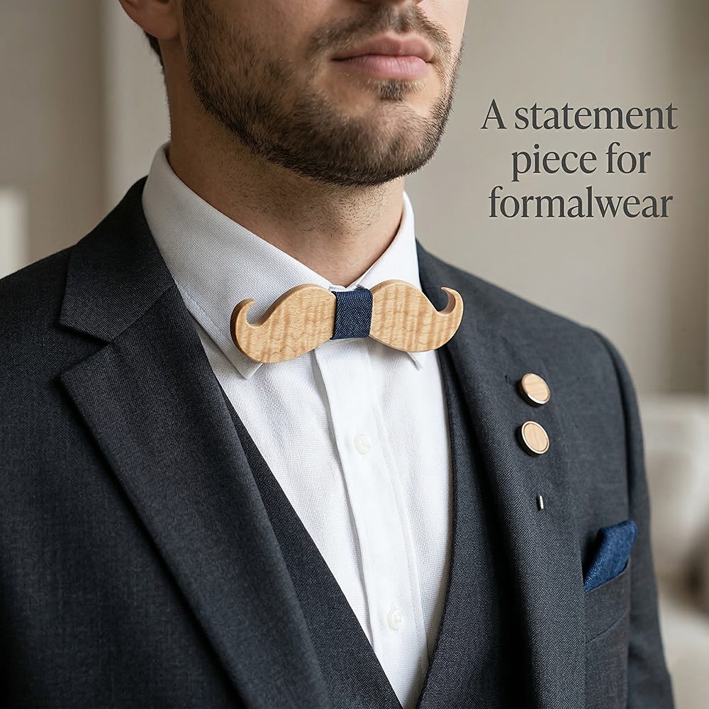 M491  Full Mustache Shape Bow Tie Set, Maple
