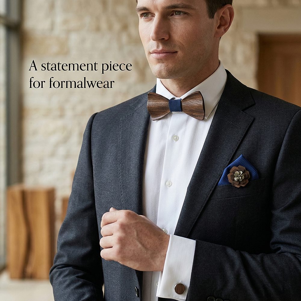 M77  Solid Grain Bow Tie Set, Walnut