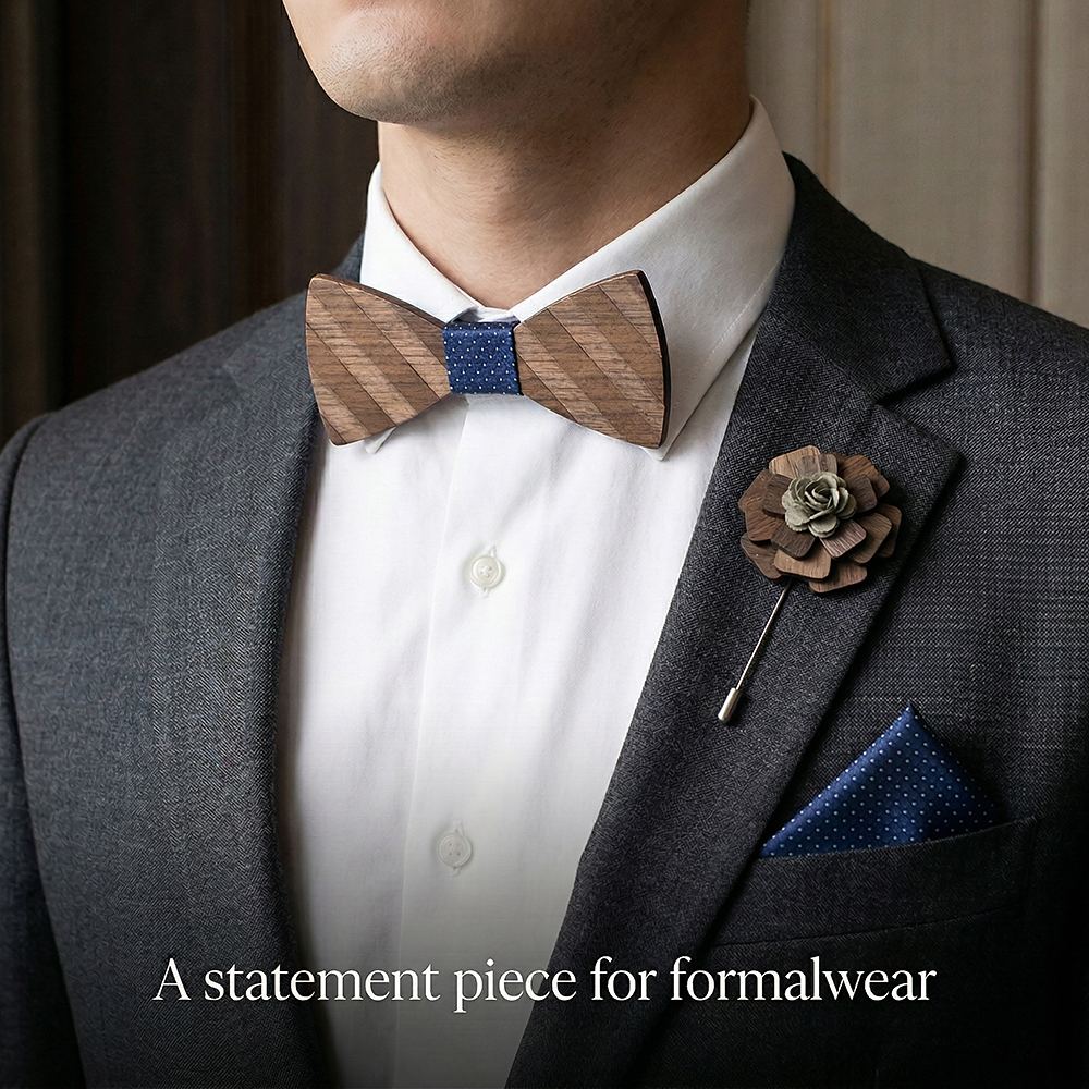 M87  Natural Wood Grain Bow Tie Set, Walnut