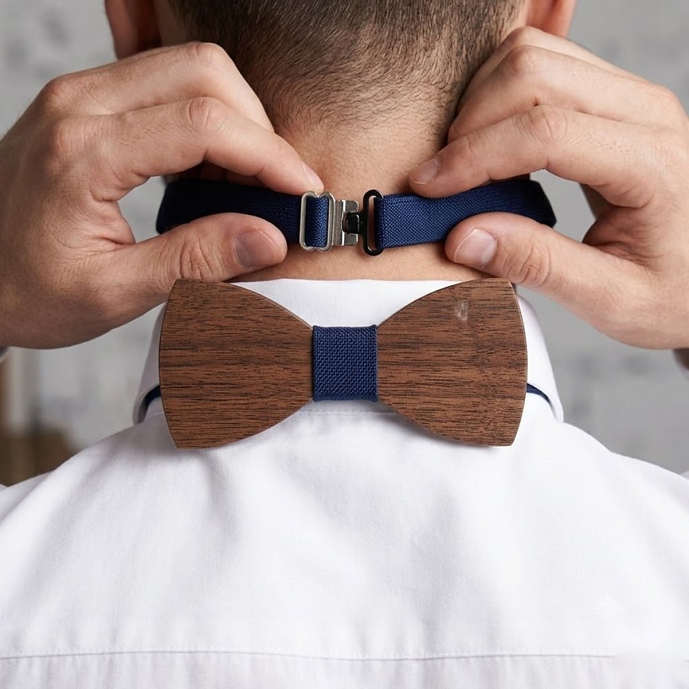 MAY23_BW_STYLE01_DARK_WALNUT_NAVY MAY23_BW_STYLE01_DARK_WALNUT_NAVY  Dark Wood Bow Tie with Navy Center — view 10