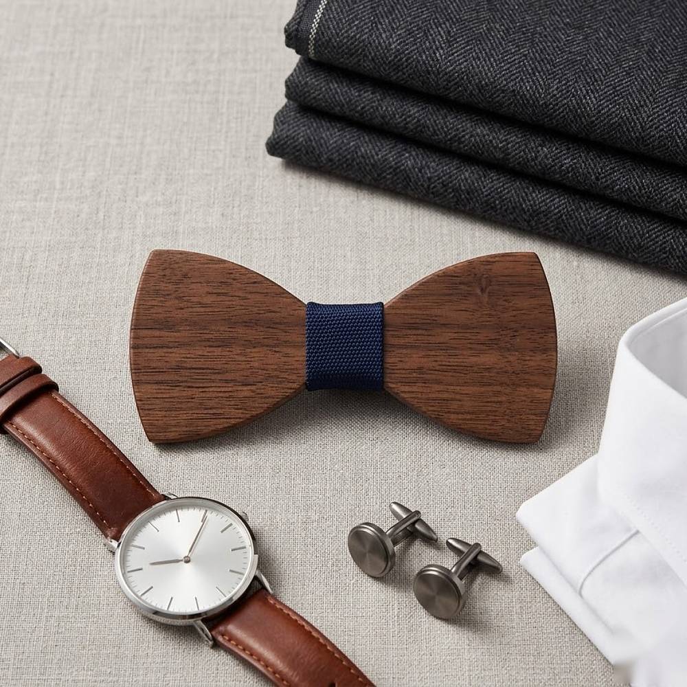 MAY23_BW_STYLE01_DARK_WALNUT_NAVY MAY23_BW_STYLE01_DARK_WALNUT_NAVY  Dark Wood Bow Tie with Navy Center — view 11