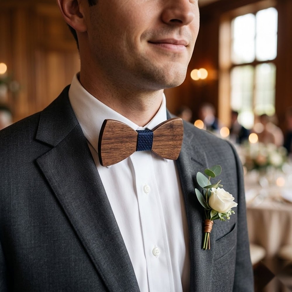 MAY23_BW_STYLE01_DARK_WALNUT_NAVY  Dark Wood Bow Tie with Navy Center