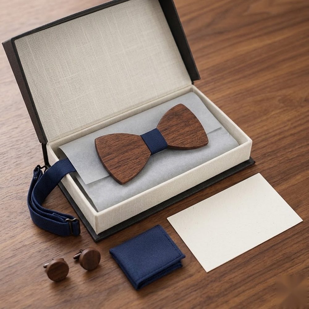 MAY23_BW_STYLE01_DARK_WALNUT_NAVY MAY23_BW_STYLE01_DARK_WALNUT_NAVY  Dark Wood Bow Tie with Navy Center — view 7