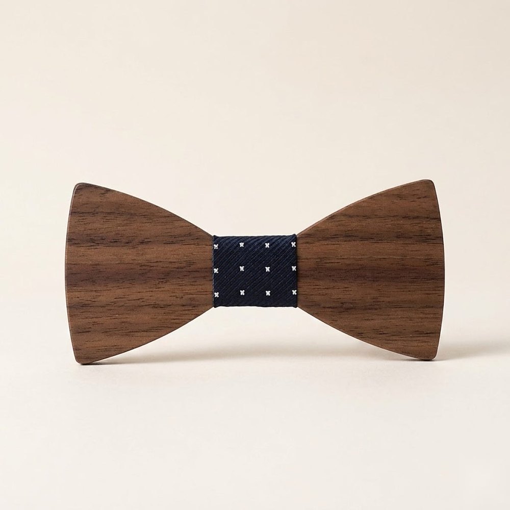 MAY23_BW_STYLE03_DARK_WALNUT_NAVY_DOT MAY23_BW_STYLE03_DARK_WALNUT_NAVY_DOT  Dark Wood Bow Tie with Navy Dot Center — view 2