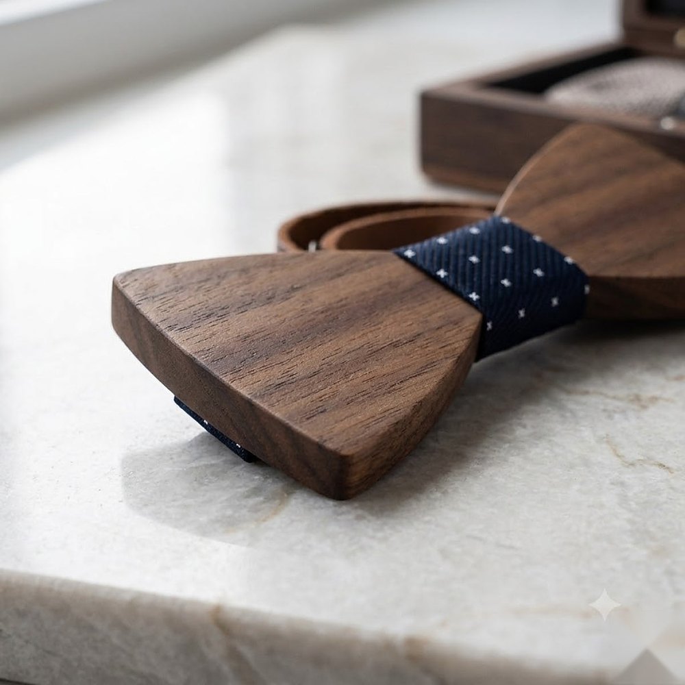 MAY23_BW_STYLE03_DARK_WALNUT_NAVY_DOT MAY23_BW_STYLE03_DARK_WALNUT_NAVY_DOT  Dark Wood Bow Tie with Navy Dot Center — view 3
