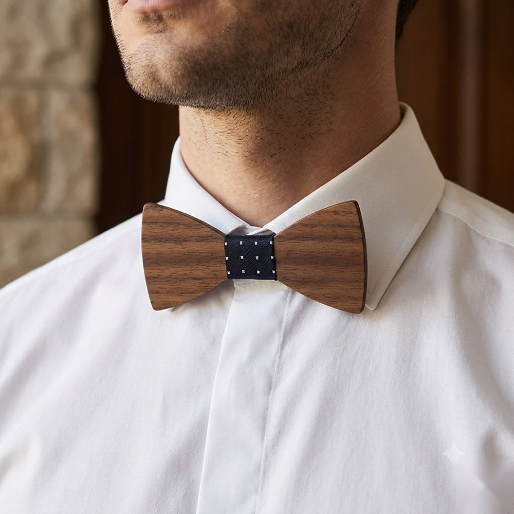 MAY23_BW_STYLE03_DARK_WALNUT_NAVY_DOT MAY23_BW_STYLE03_DARK_WALNUT_NAVY_DOT  Dark Wood Bow Tie with Navy Dot Center — view 5
