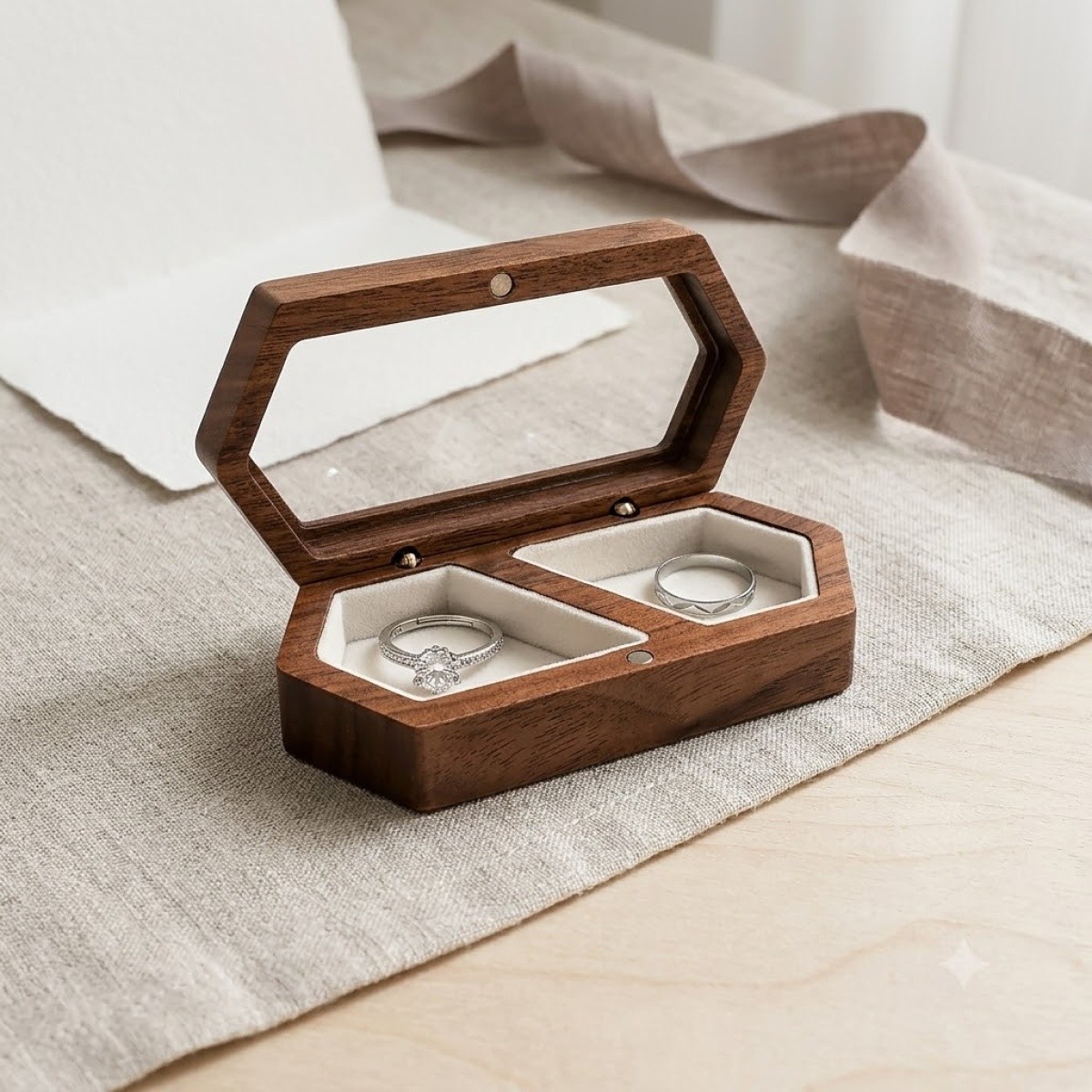 RB517 RB517  Long Hexagon Ring Box, Double Slot, Window Lid — view 2