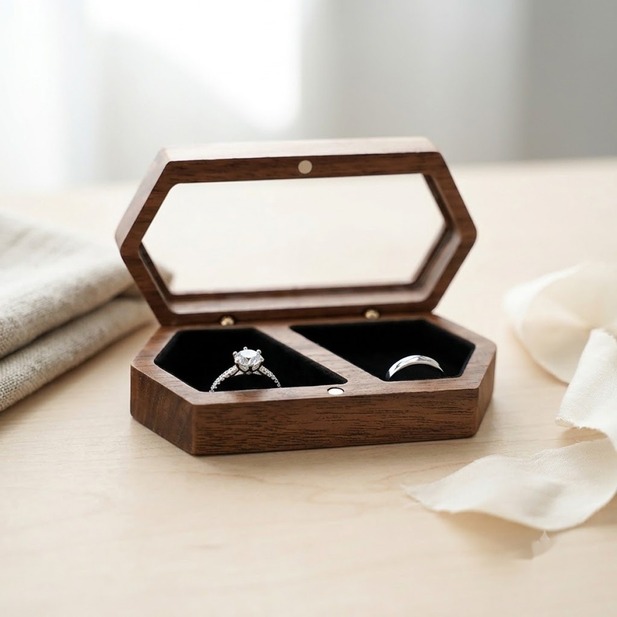 RB517 RB517  Long Hexagon Ring Box, Double Slot, Window Lid — view 7