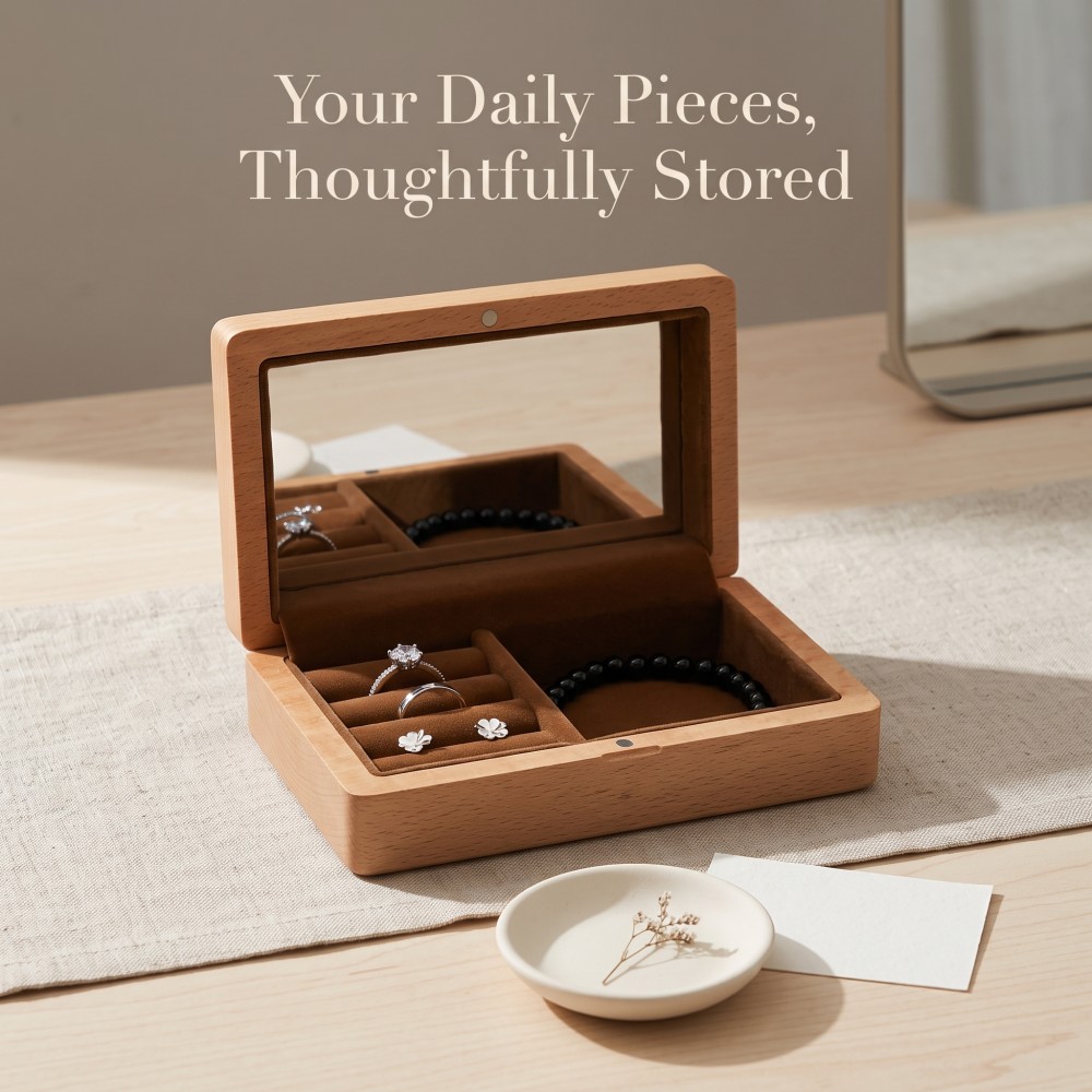 RB532 RB532  Jewellery Organiser, Beech, Mirror Lid — view 2